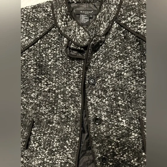 Sandro Paris Petite Bouclé Jacket Black White Trimmed Coat - Picture 6 of 9